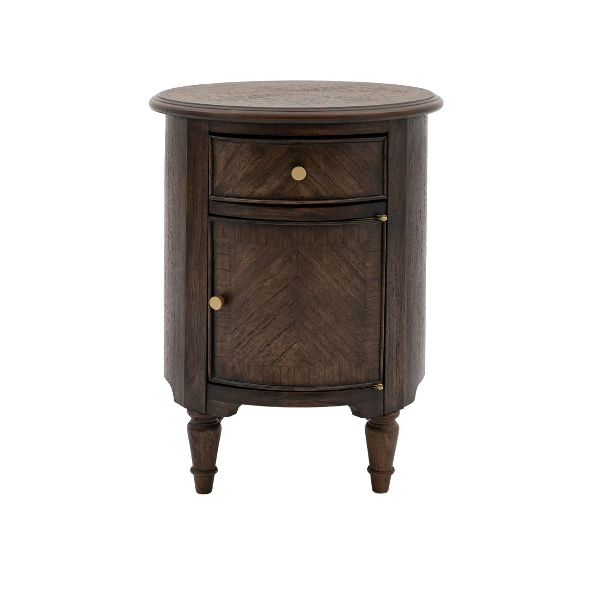 WETHERBY Round Dark Wood Bedside Table with Drawer & Cupboard