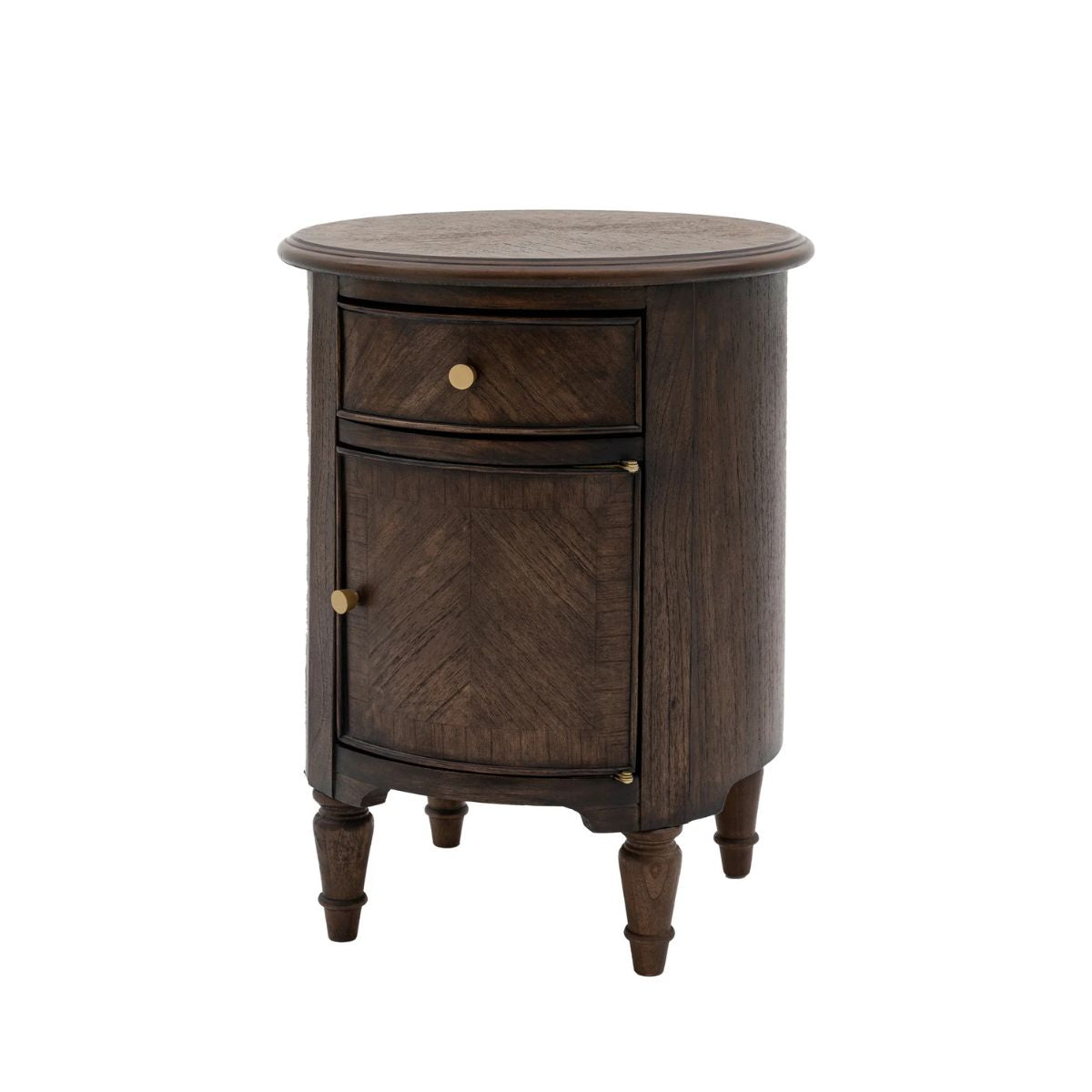 WETHERBY Round Dark Wood Bedside Table with Drawer & Cupboard