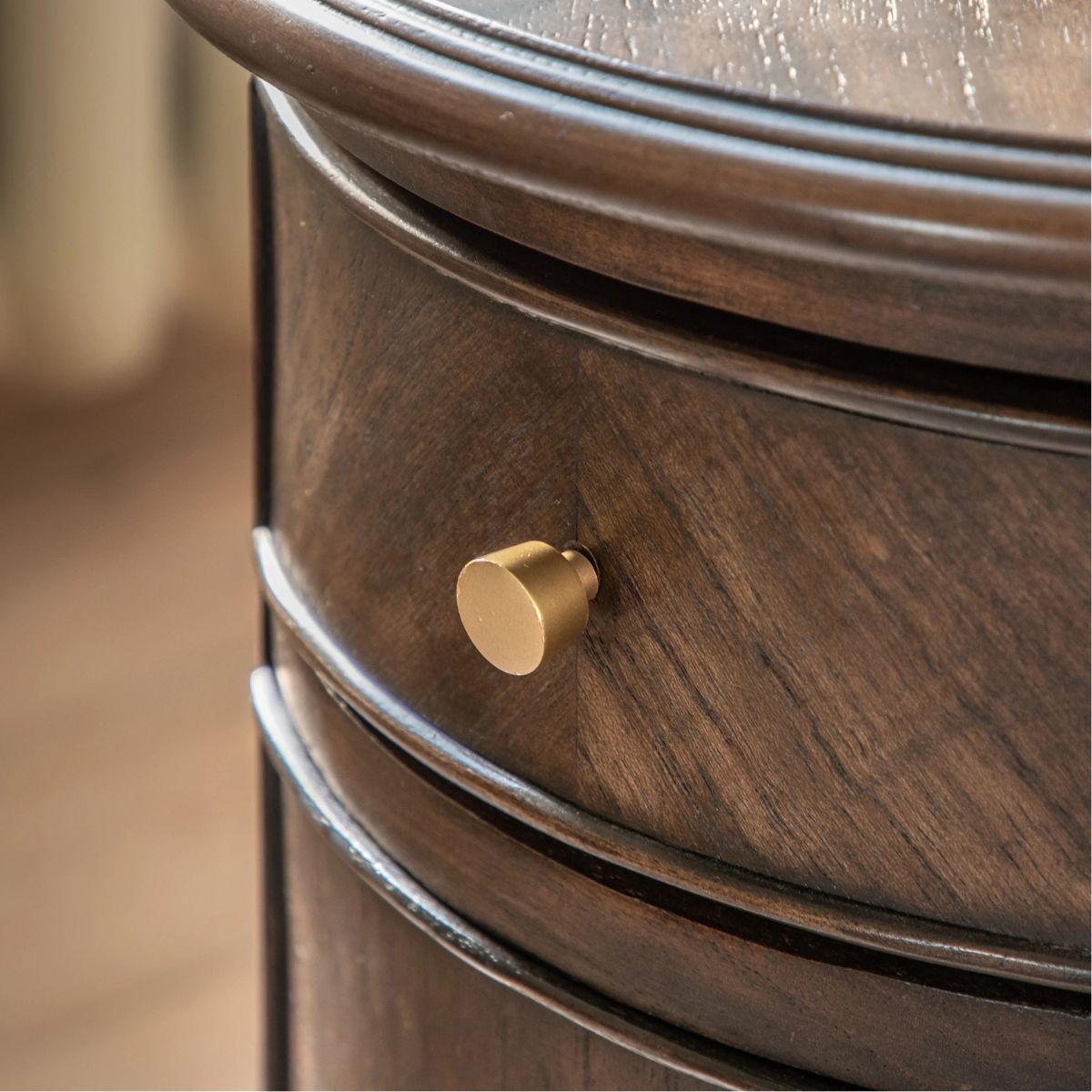 WETHERBY Round Dark Wood Bedside Table with Drawer & Cupboard