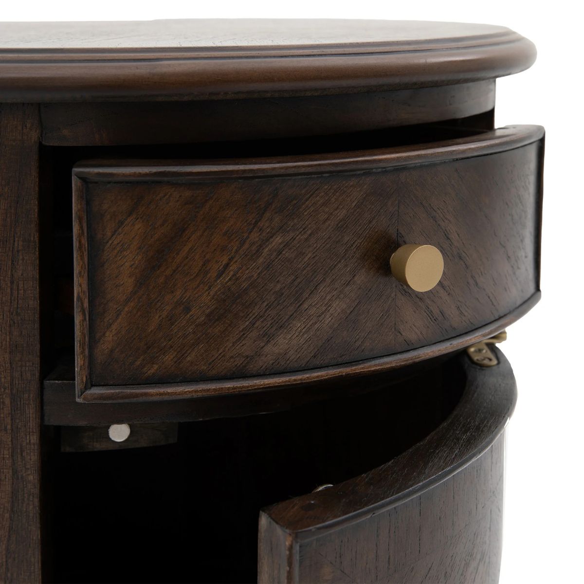 WETHERBY Round Dark Wood Bedside Table with Drawer & Cupboard