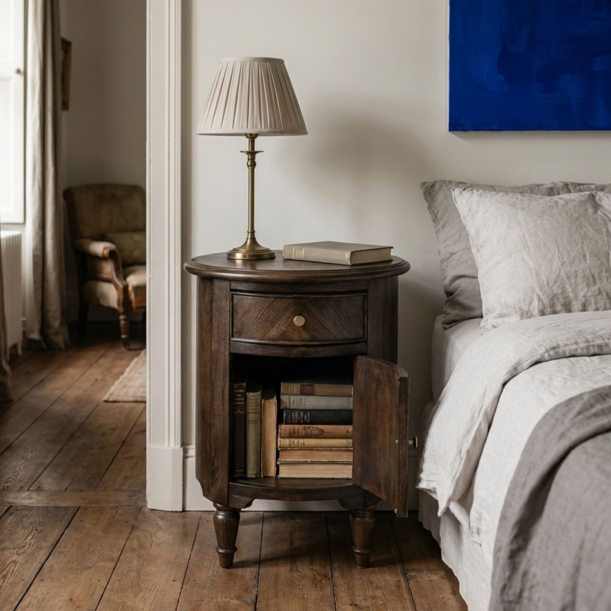WETHERBY Round Dark Wood Bedside Table with Drawer & Cupboard