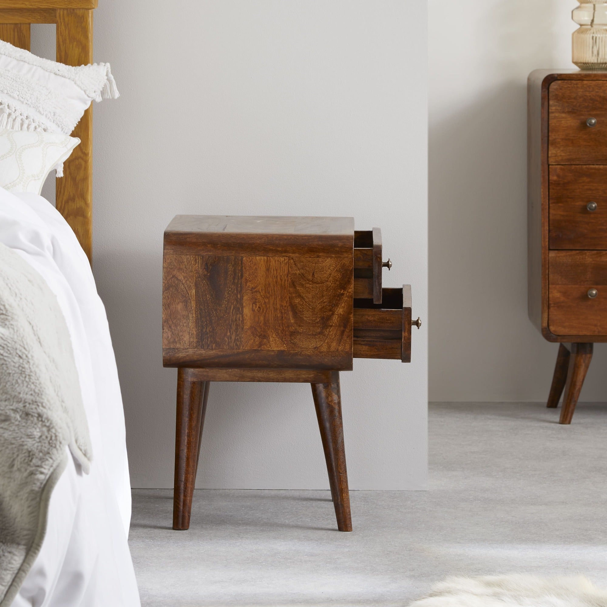 Century solid wood 45cm 2 drawer bedside table in deep chestnut finish