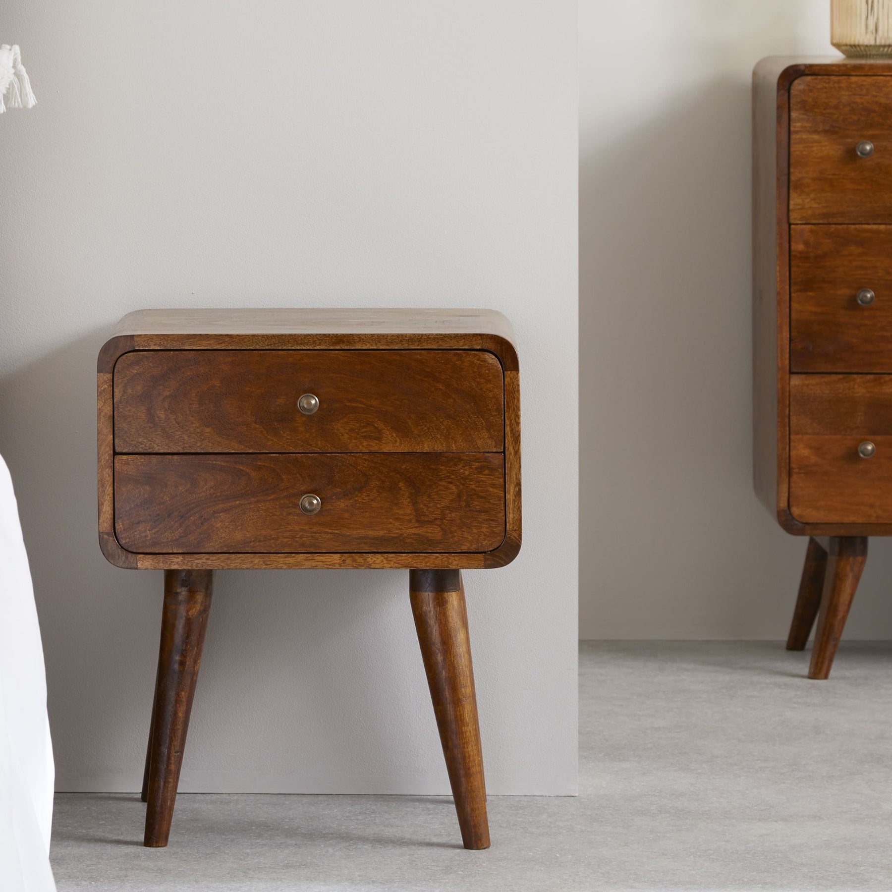 Century solid wood 45cm 2 drawer bedside table in deep chestnut finish