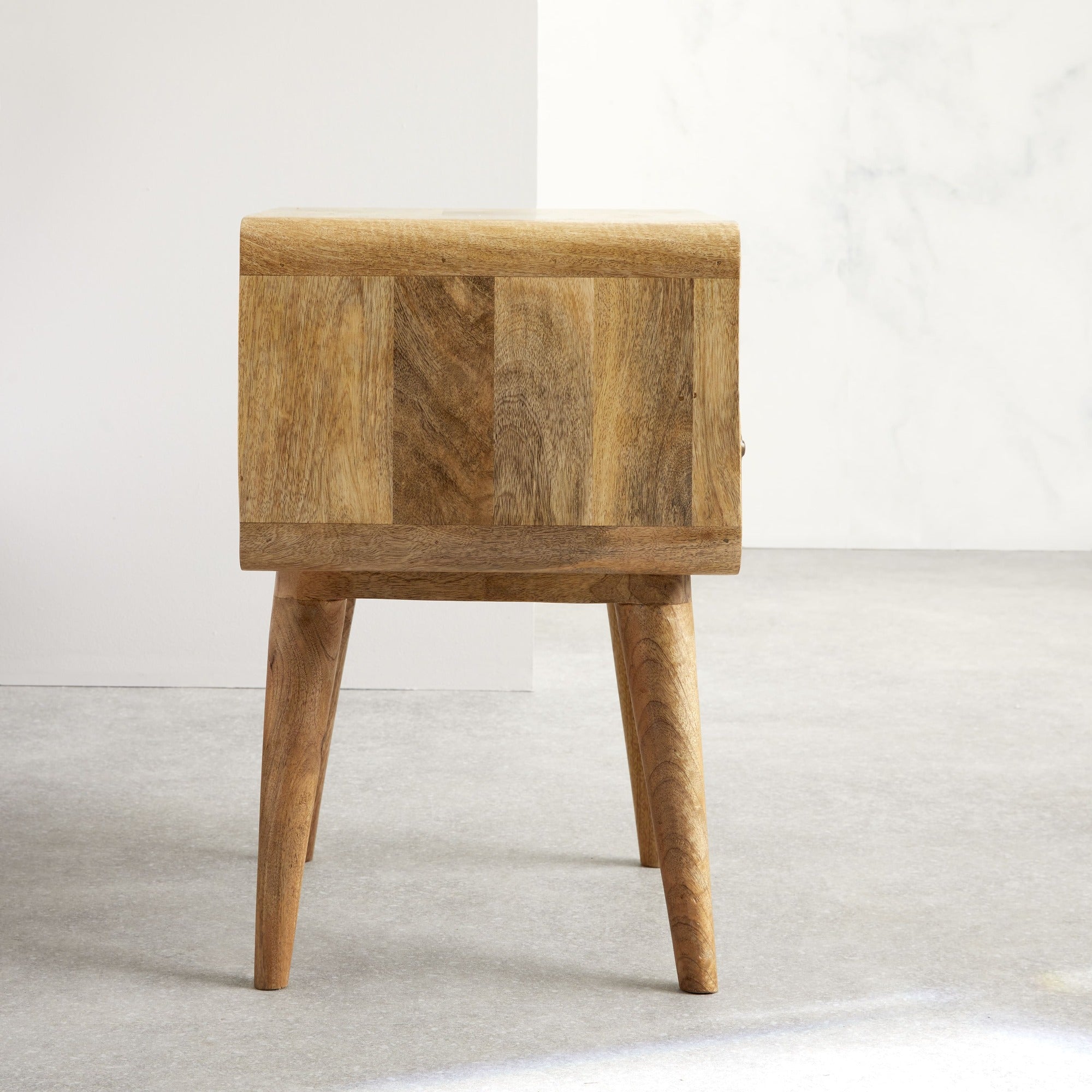 Modal solid wood bedside table with 2 drawers in a natural oak-ish finish | malletandplane.com