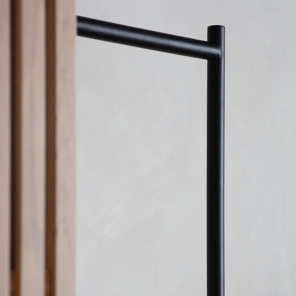 OKAYAMA oak open wardrobe with black hanging rail and slatted shelving