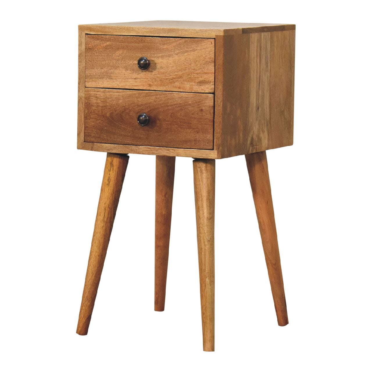 Joel handmade solid wood narrow bedside table with 2 drawers in natural finish