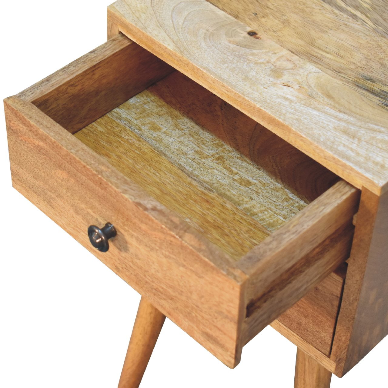 Joel handmade solid wood narrow bedside table with 2 drawers in natural finish