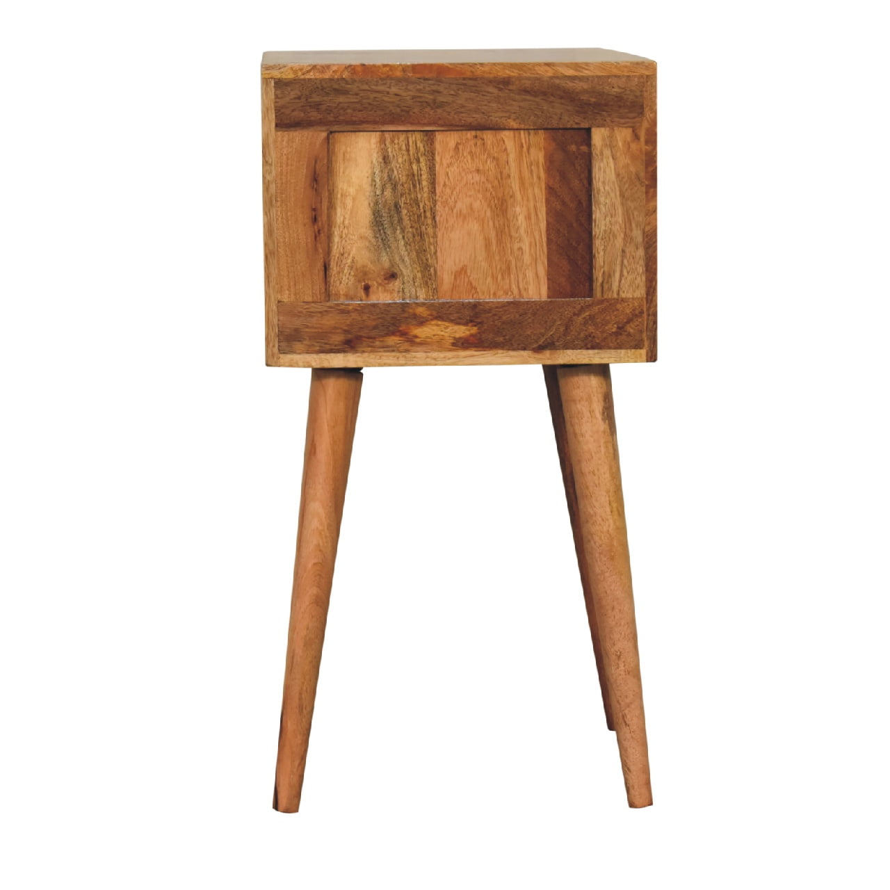 Joel handmade solid wood narrow bedside table with 2 drawers in natural finish