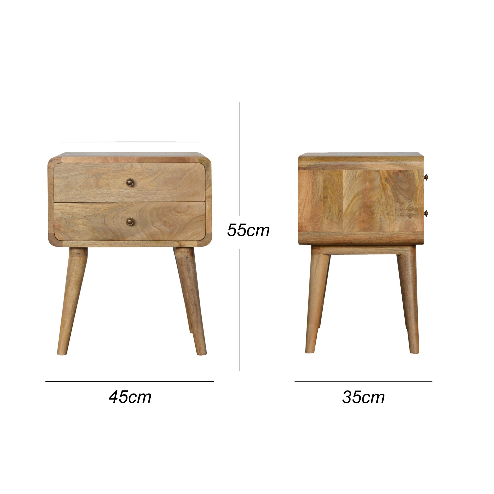 Modal Solid Wood 45cm wide 2 drawer bedside table in Natural Mango Finish