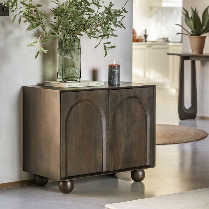 Paolo solid mango wood 2 door sideboard in deep walnut finish | malletandplane.com