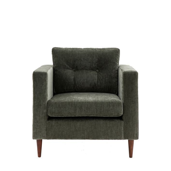 Chelsea contemporary armchair in a choice of 3 colours with elegant tapered wooden feet | malletandplane.com