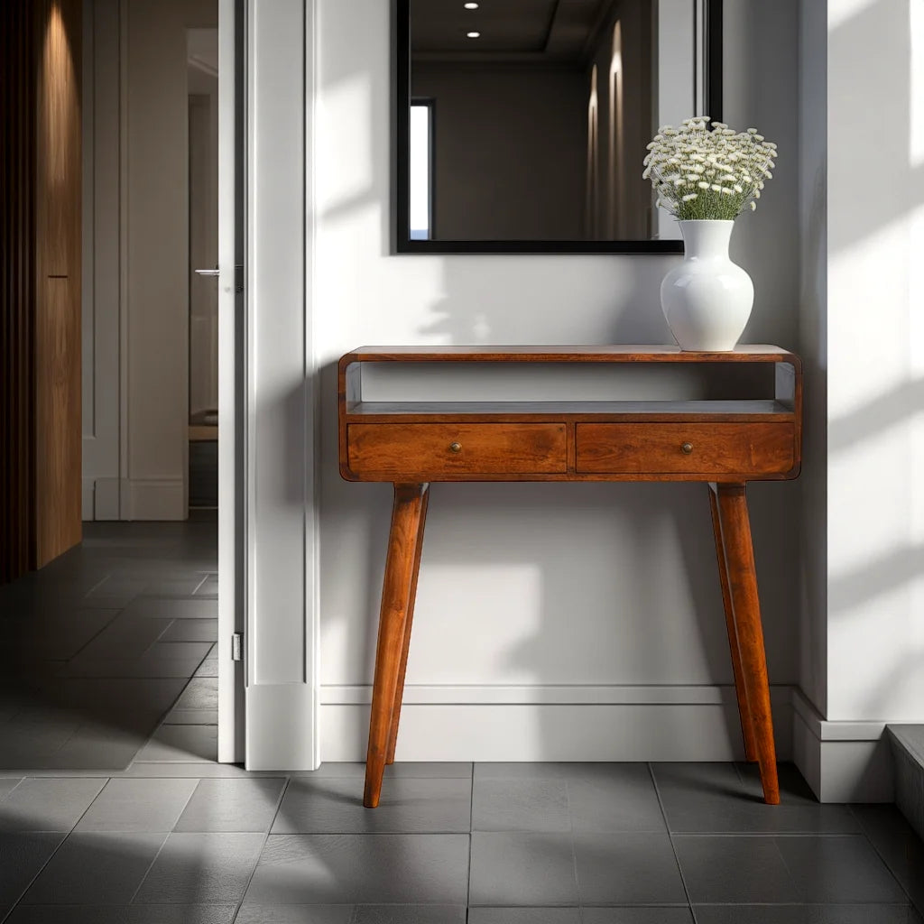 Century Handmade Solid Wood Curved Edge Slim Console Table with Drawers and an Open Storage Shelf in a Deep Chestnut Finish | malletandplane.com