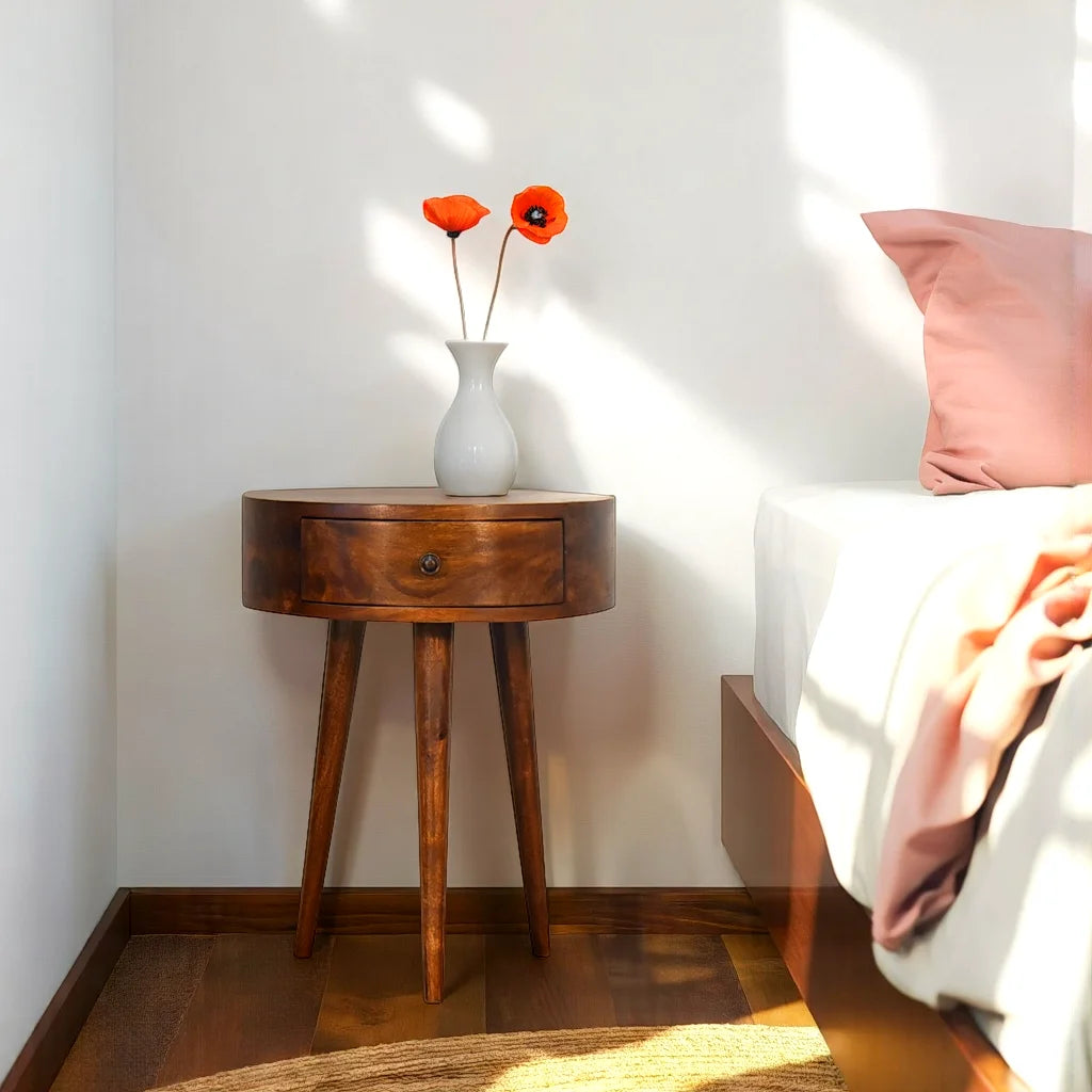 Century Crescent Bedside Table in Deep Chestnut with 1 x Drawer | malletandplane.com