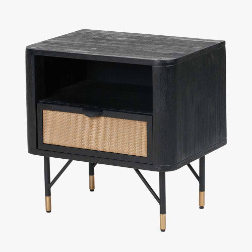Fiji Black Acacia Wood & Rattan Bedside Table 55cm