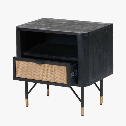 Fiji Black Acacia Wood & Rattan Bedside Table 55cm