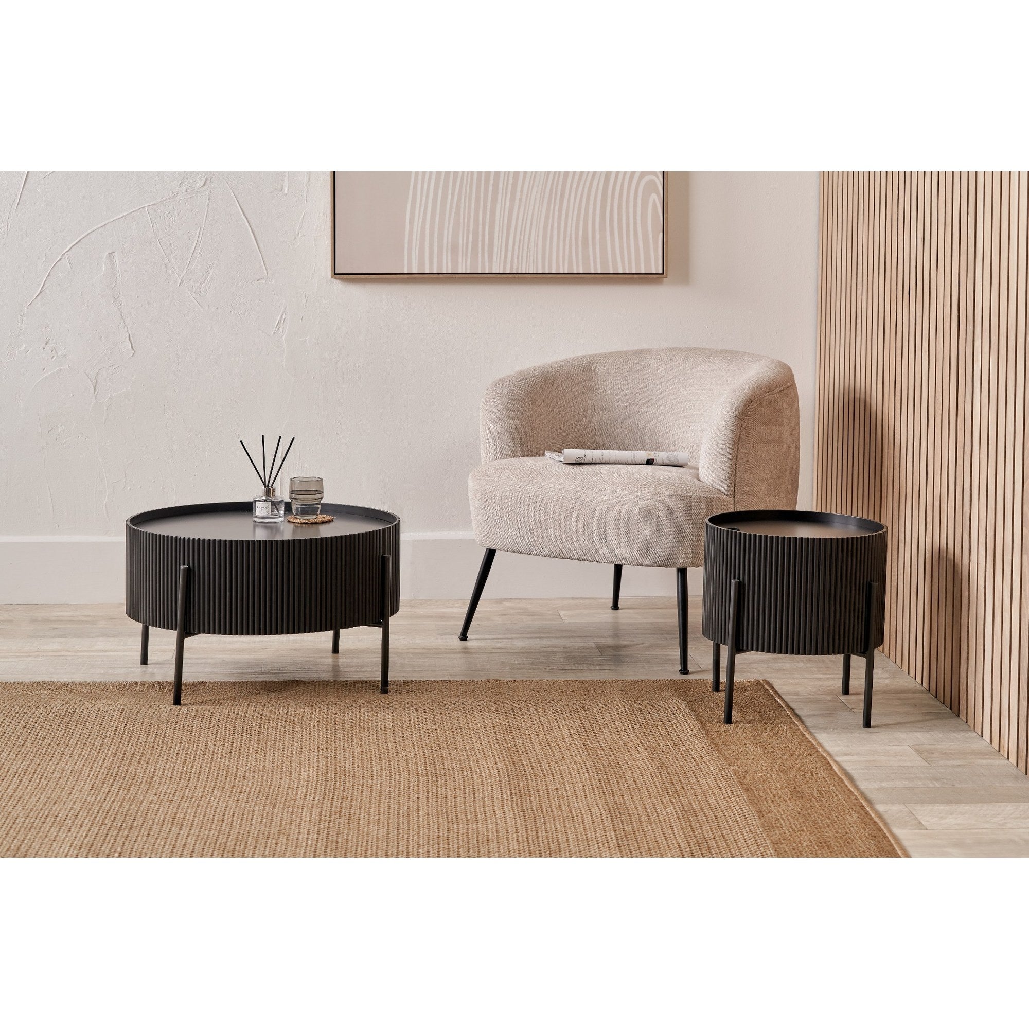 Henderson Ribbed Black Storage Side Table 42cm Diameter