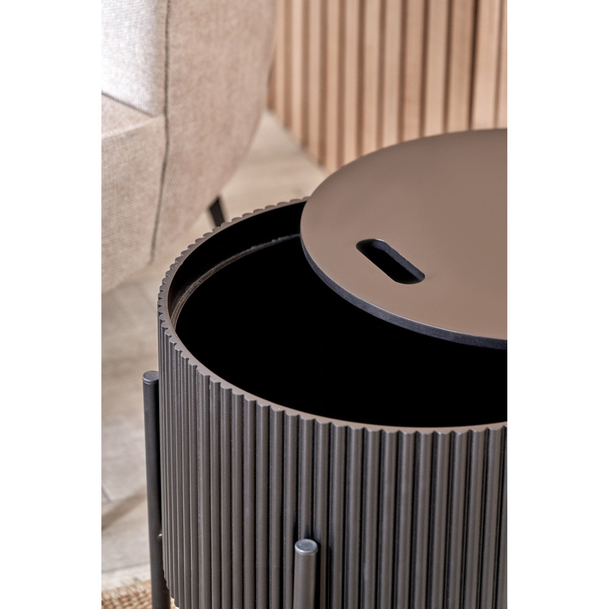 Henderson Ribbed Black Storage Side Table 42cm Diameter