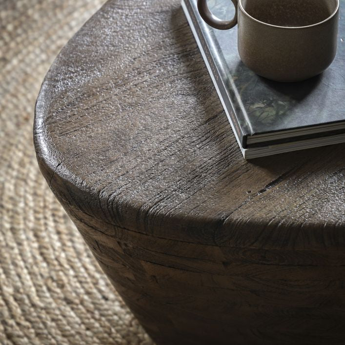 Jake triangle shaped mango wood coffee table in dark wood finish | malletandplane.com