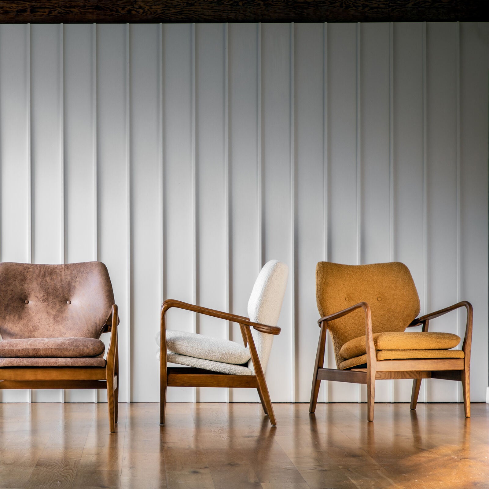 Arny Mid Century Style Small Armchair in Ochre linen with button detail | MalletandPlane.com