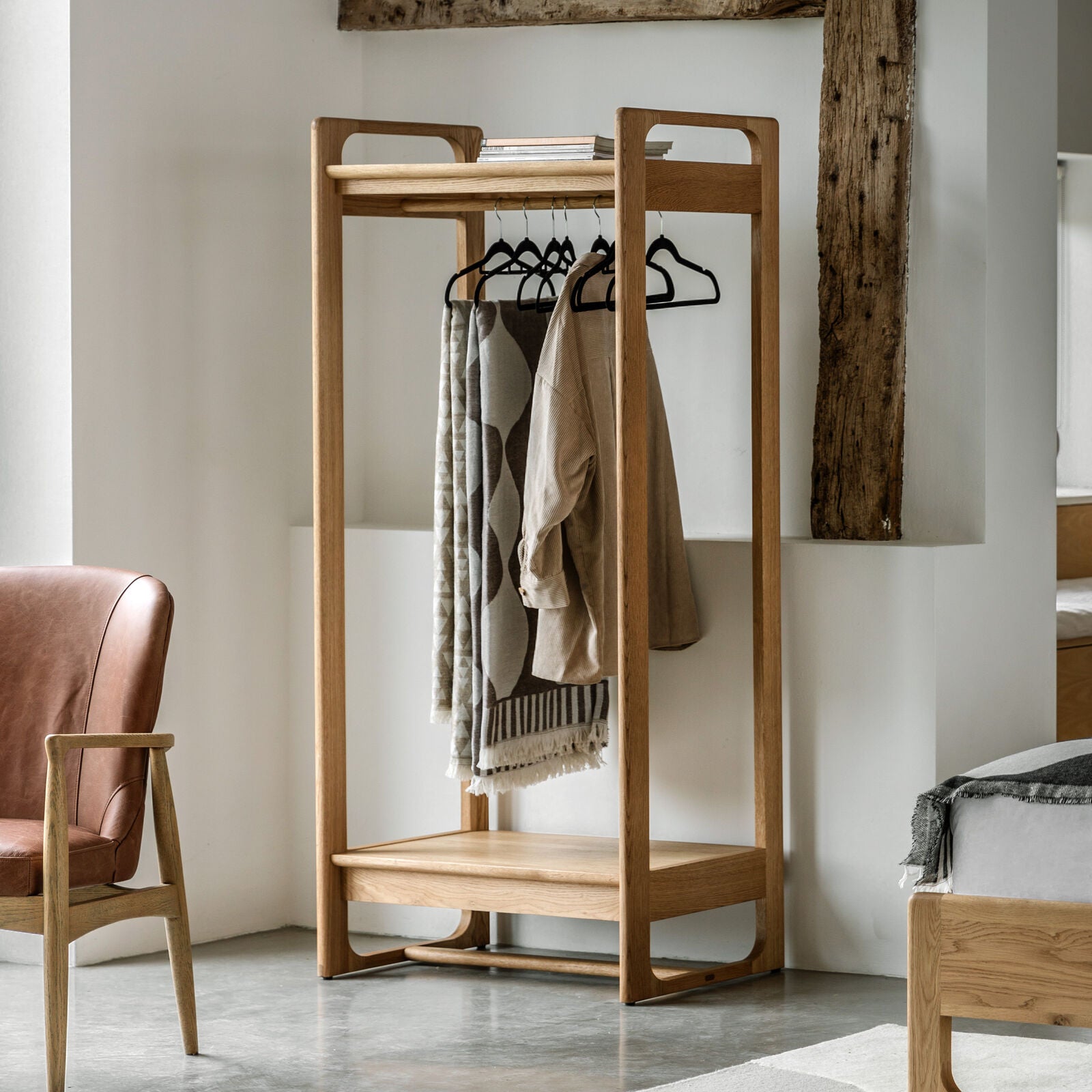 Artisan oak open wardrobe with two shelves and hanging rail | malletandplane.com