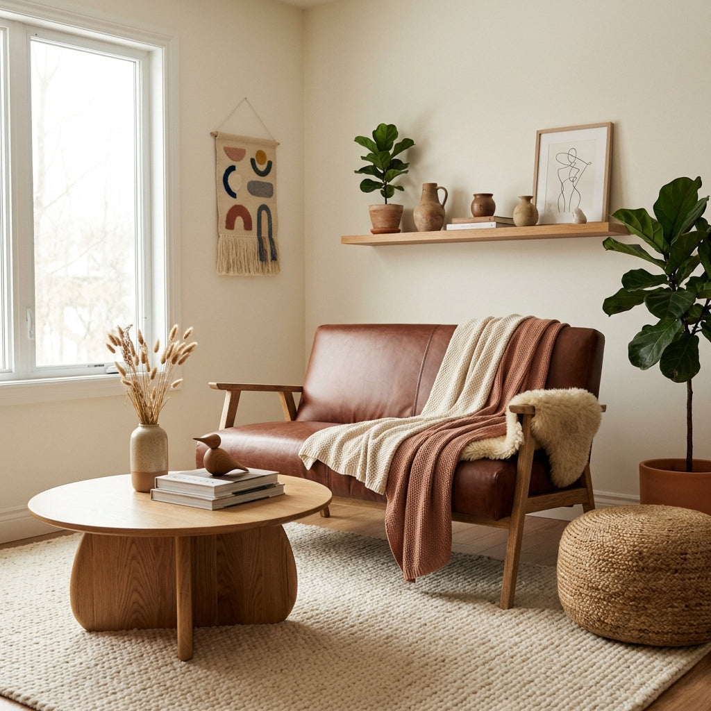 Barret mid century style 2 seat sofa in vintage brown leather with solid ash frame