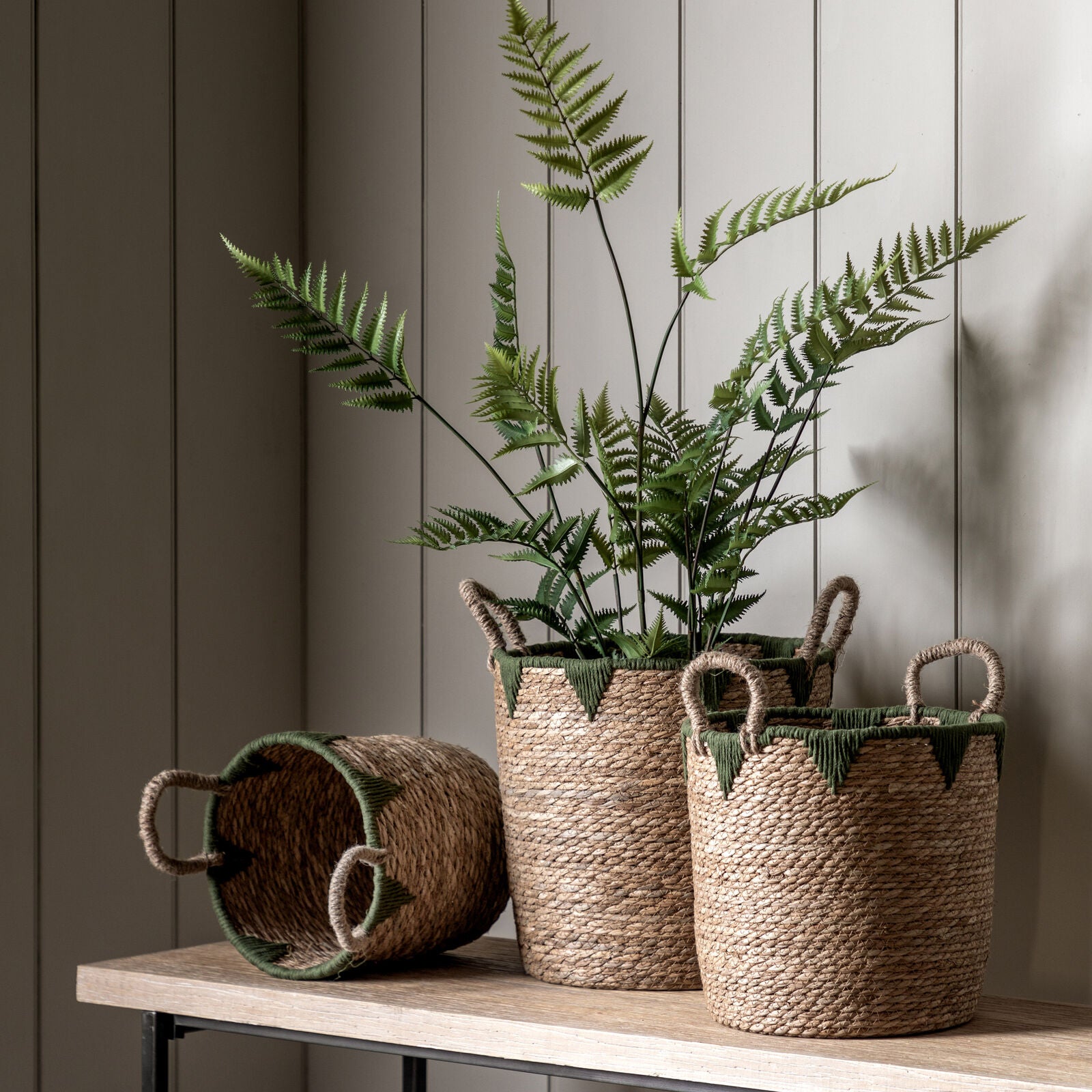 Basil set of 3 handwoven water hyacinth baskets with green stitched detailing | malletandplane.com