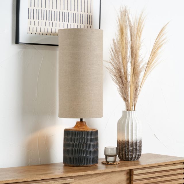 CARL Mango Wood Table Lamp – Antique Black Wash & Linen Shade