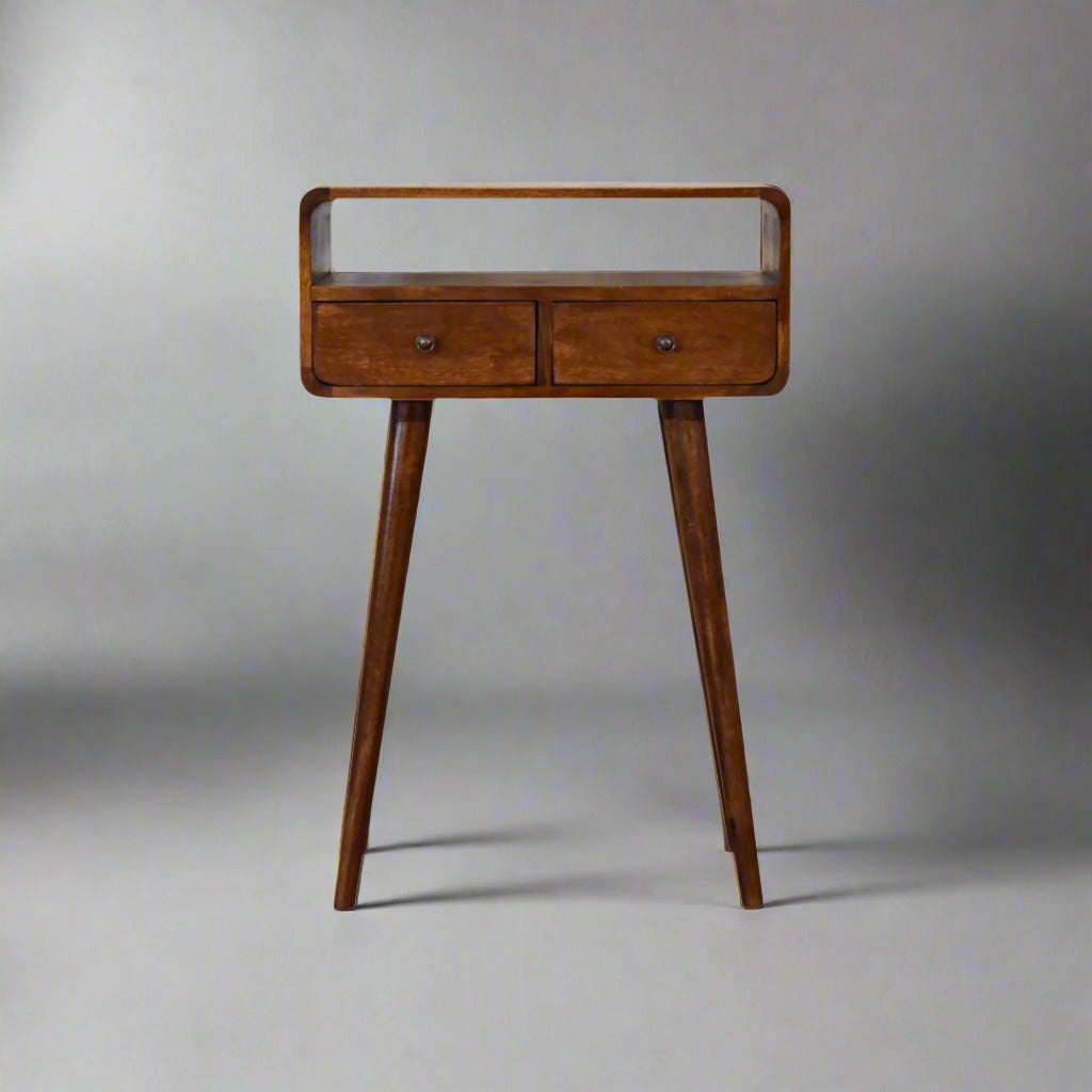 Century Handmade solid wood 2 drawer small console table in deep chestnut finish | malletandplane.com