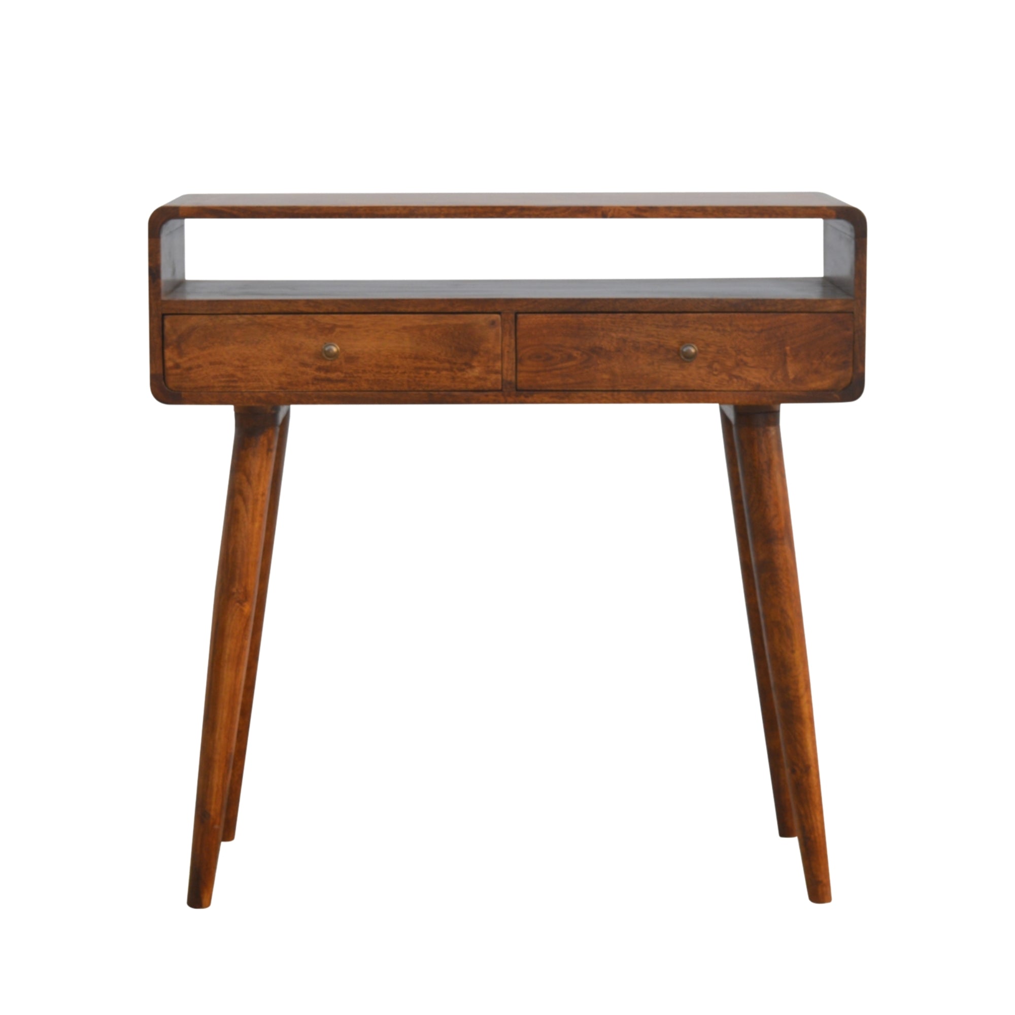 Century Handmade Solid Wood Curved Edge Slim Console Table with Drawers and an Open Storage Shelf in a Deep Chestnut Finish | malletandplane.com