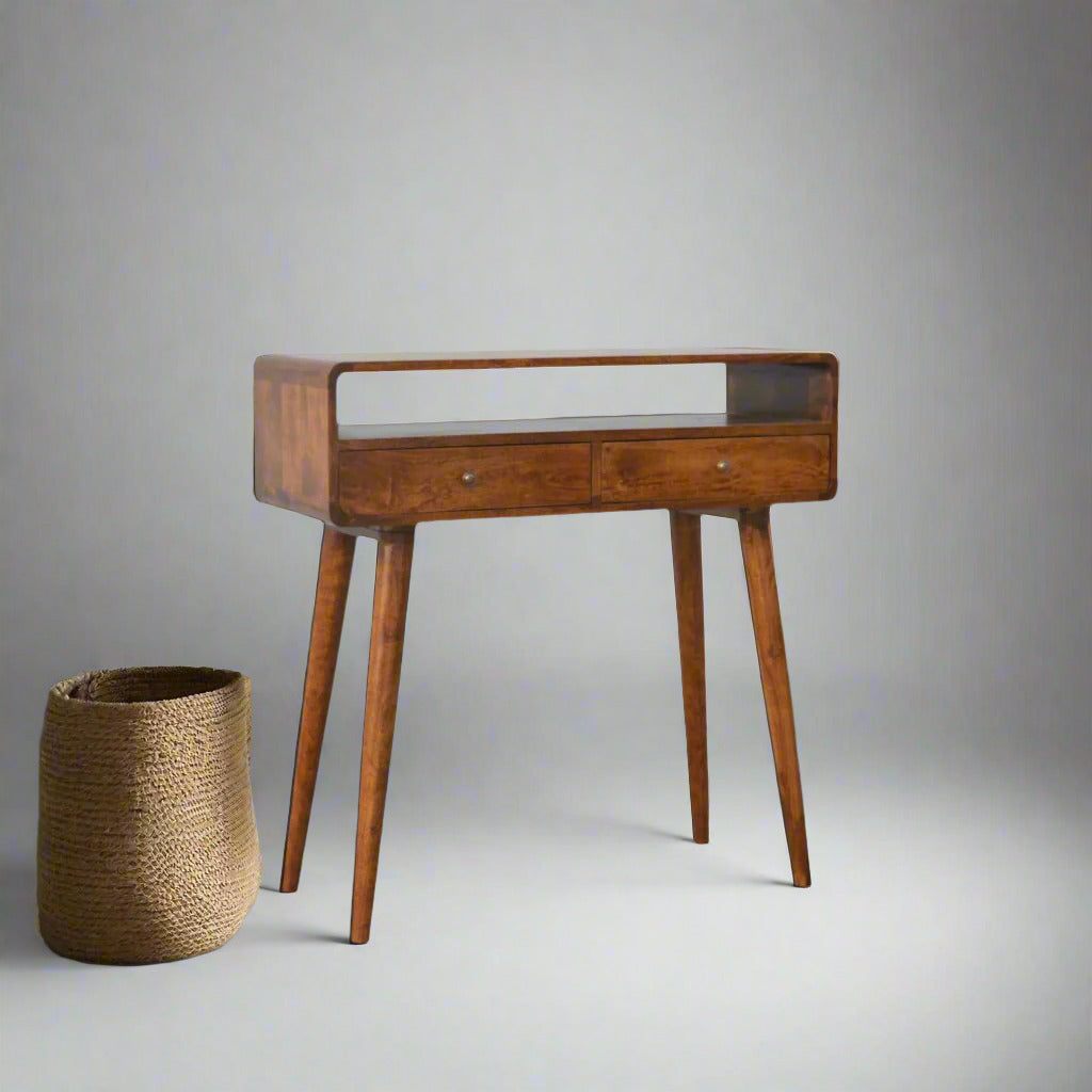 Century Handmade Solid Wood Curved Edge Slim Console Table with Drawers and an Open Storage Shelf in a Deep Chestnut Finish | malletandplane.com