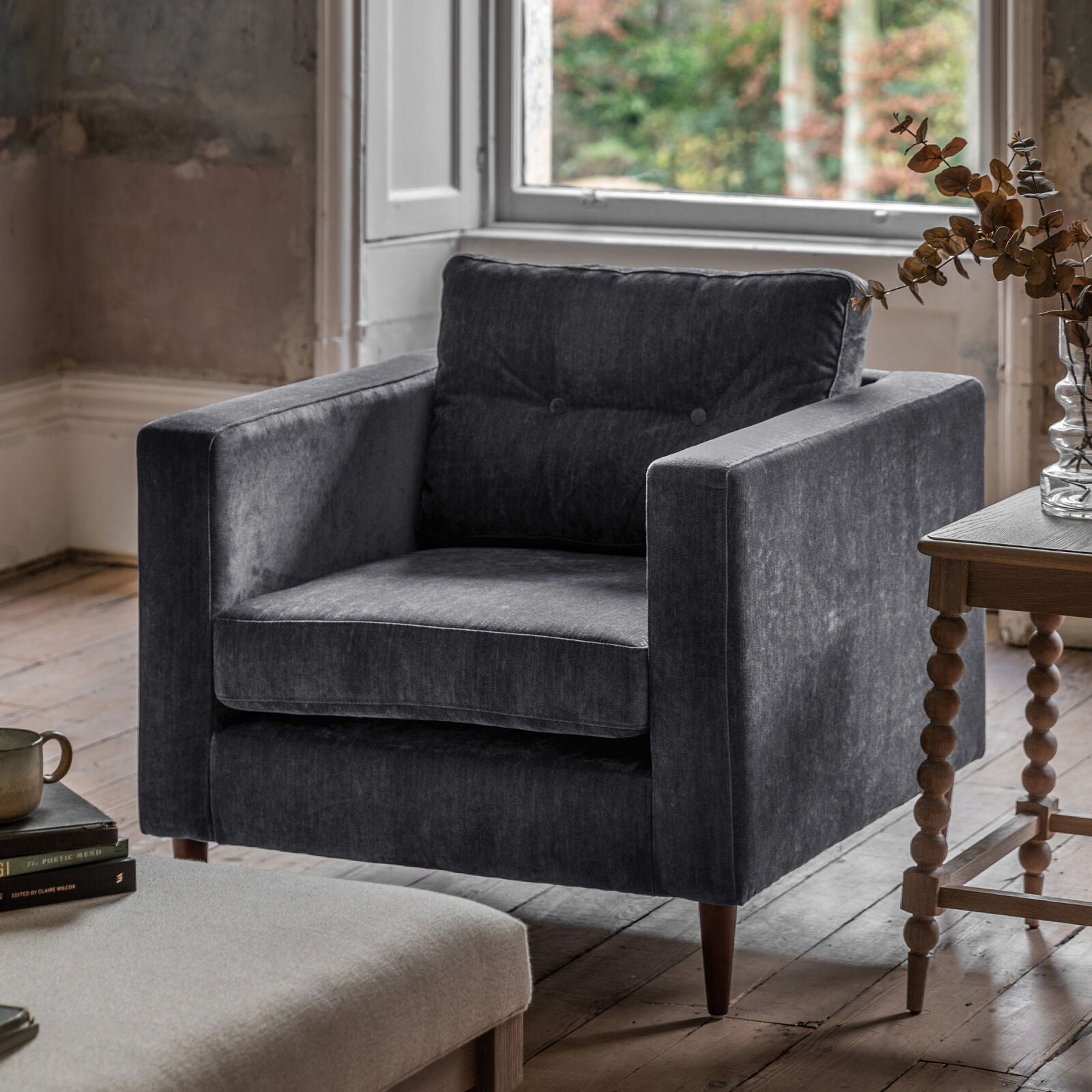 Chelsea contemporary armchair in a choice of 3 colours with elegant tapered wooden feet | malletandplane.com