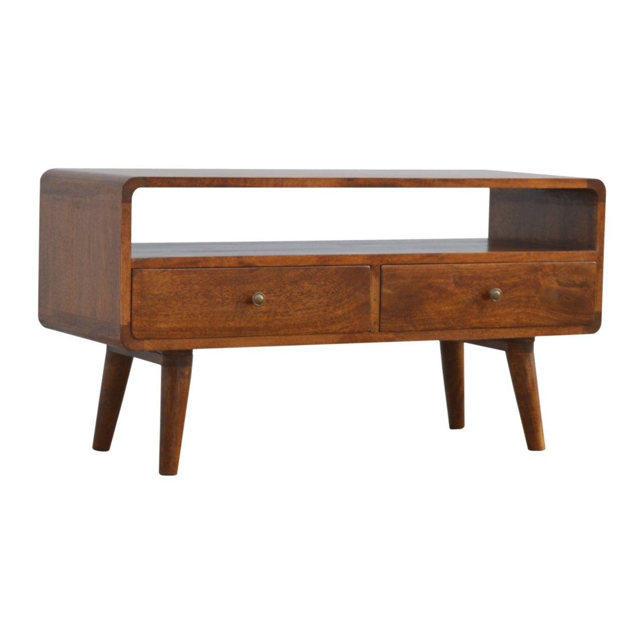 Century handmade wooden TV stand with 2 drawers in deep chestnut finish  | malletandplane.com 