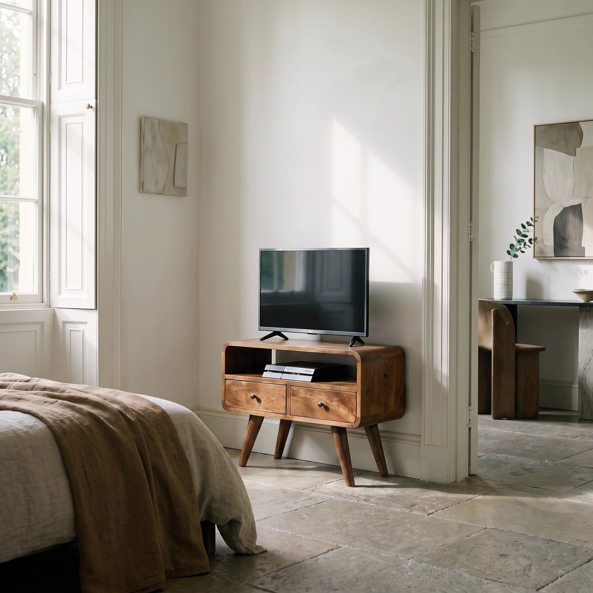 Century mini solid wood TV Stand with 2 drawers and open slot in Deep Chestnut Finish