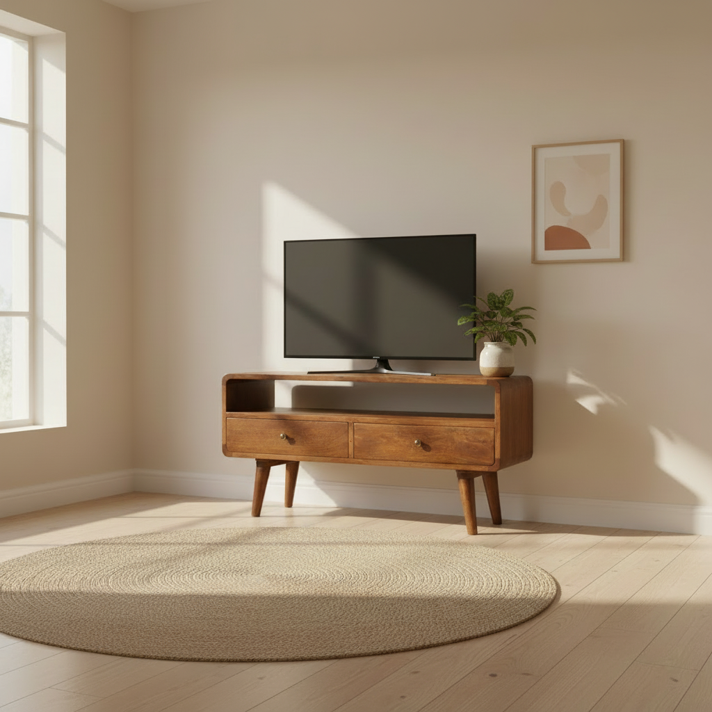Century handmade wooden TV stand with 2 drawers in deep chestnut finish  | malletandplane.com 