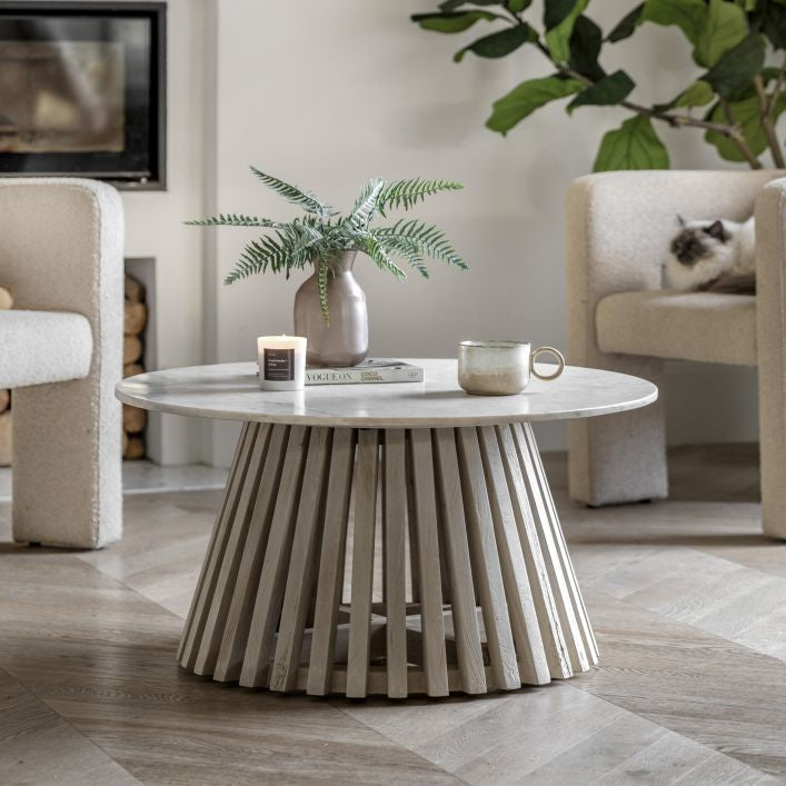 Compton mango wood and white marble round coffee table | malletandplane.com