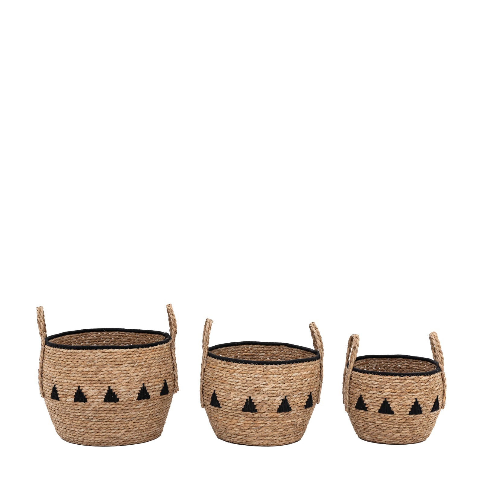 Drum set of 3 handwoven seagrass baskets with black stiched detailing | malletandplane.com