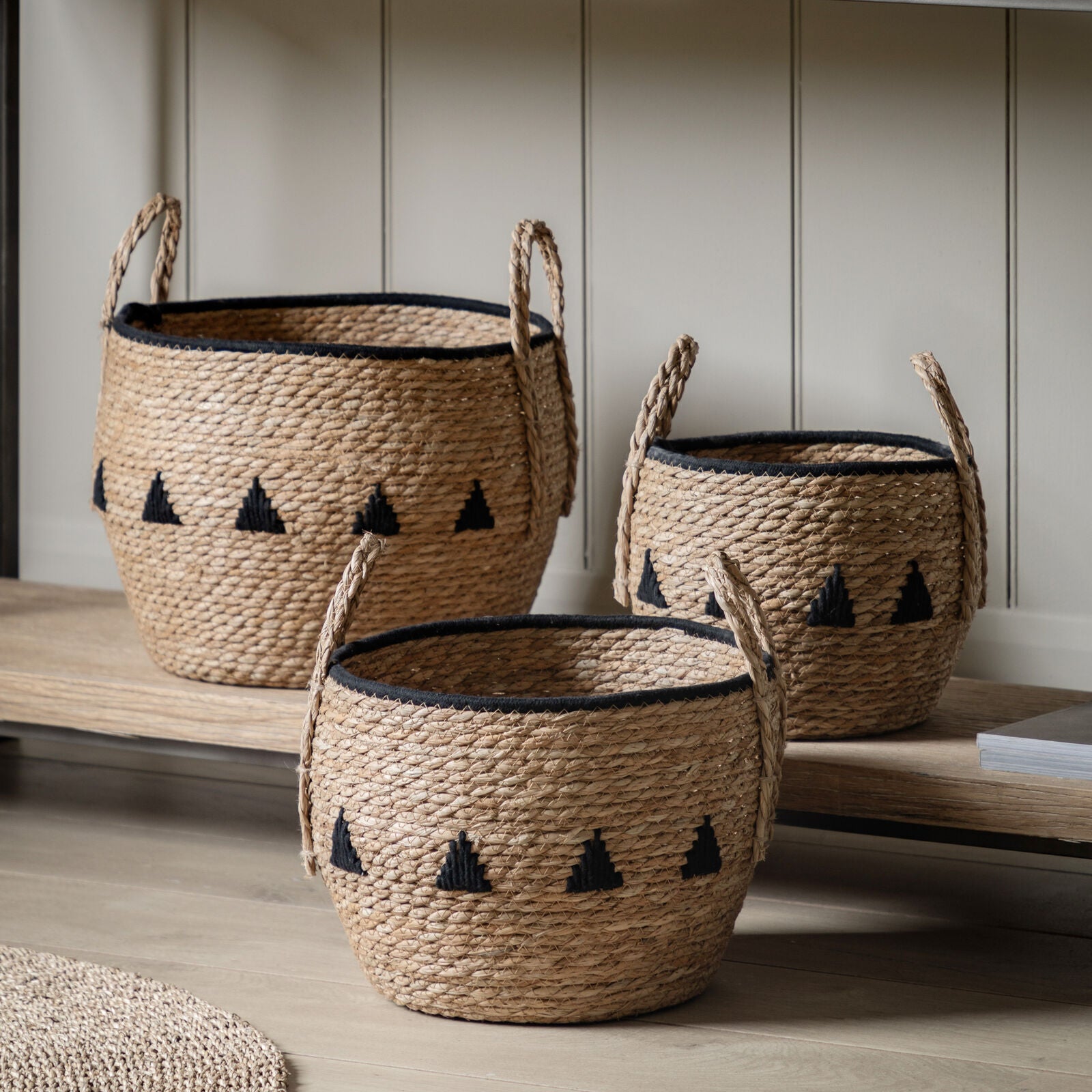Drum set of 3 handwoven seagrass baskets with black stiched detailing | malletandplane.com