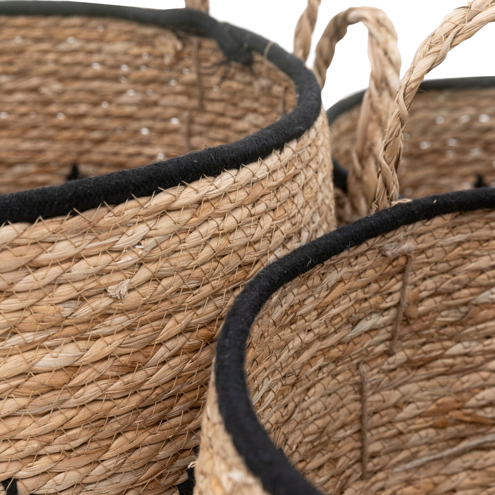 Drum set of 3 handwoven seagrass baskets with black stiched detailing | malletandplane.com