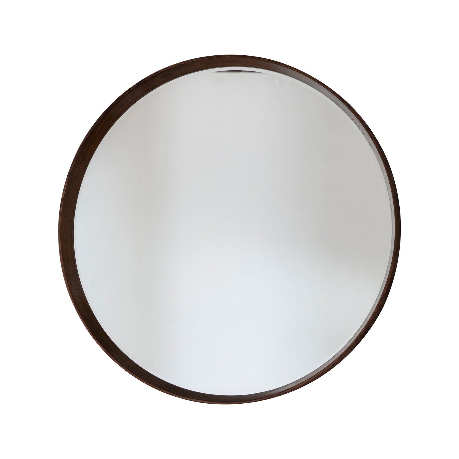 ECHO Large Walnut Round Mirror – Solid Wood Bevelled Frame | malletandplane.com