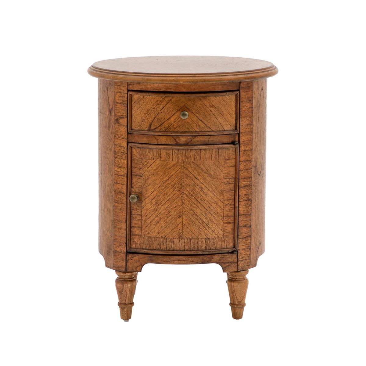 Round Wooden Bedside Table with Drawer & Cupboard and mini wood marquetry finish – 45cm – Elvet