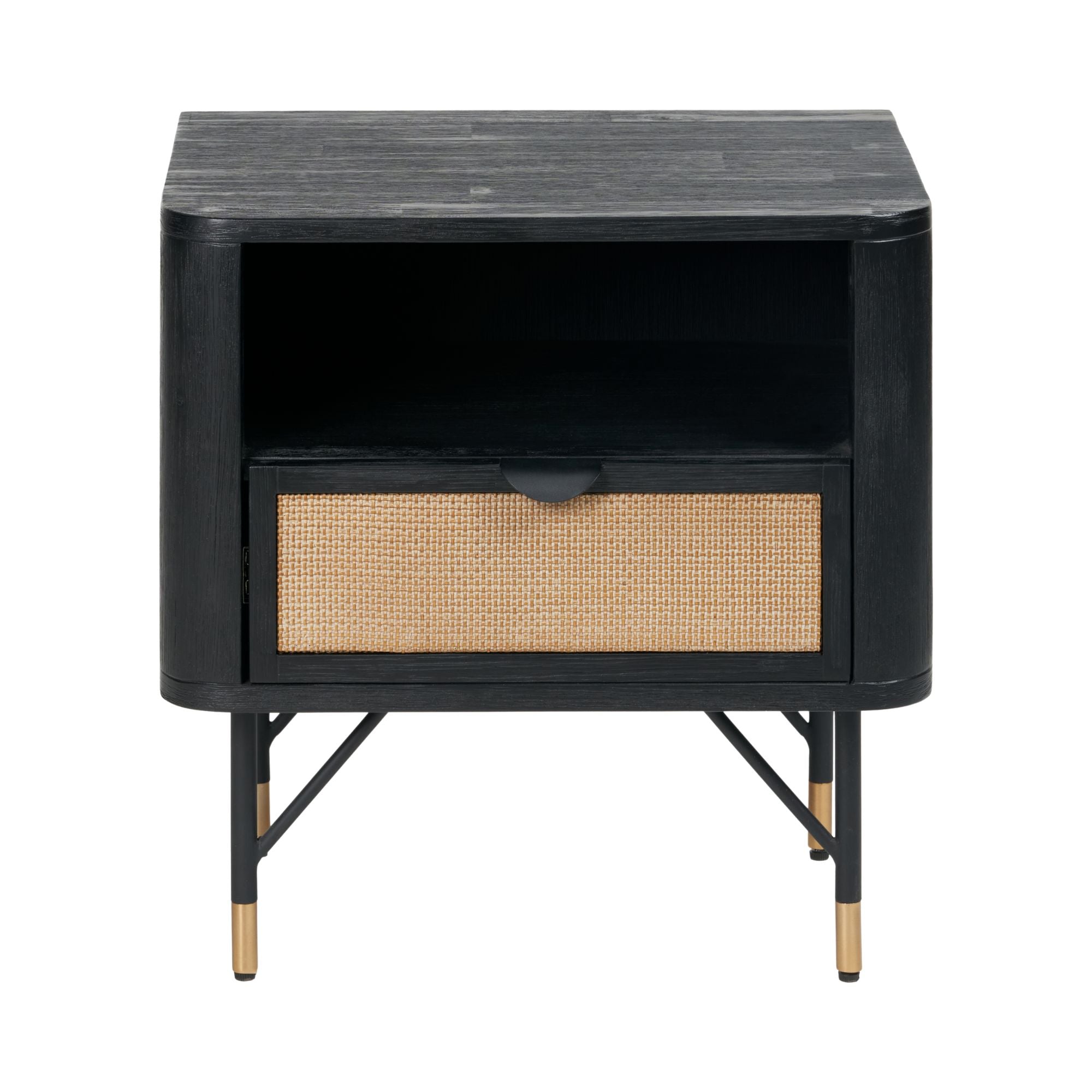 Ersta black acacia wood and natural rattan bedside table with 1 x drawer and open niche | malletandplane.com