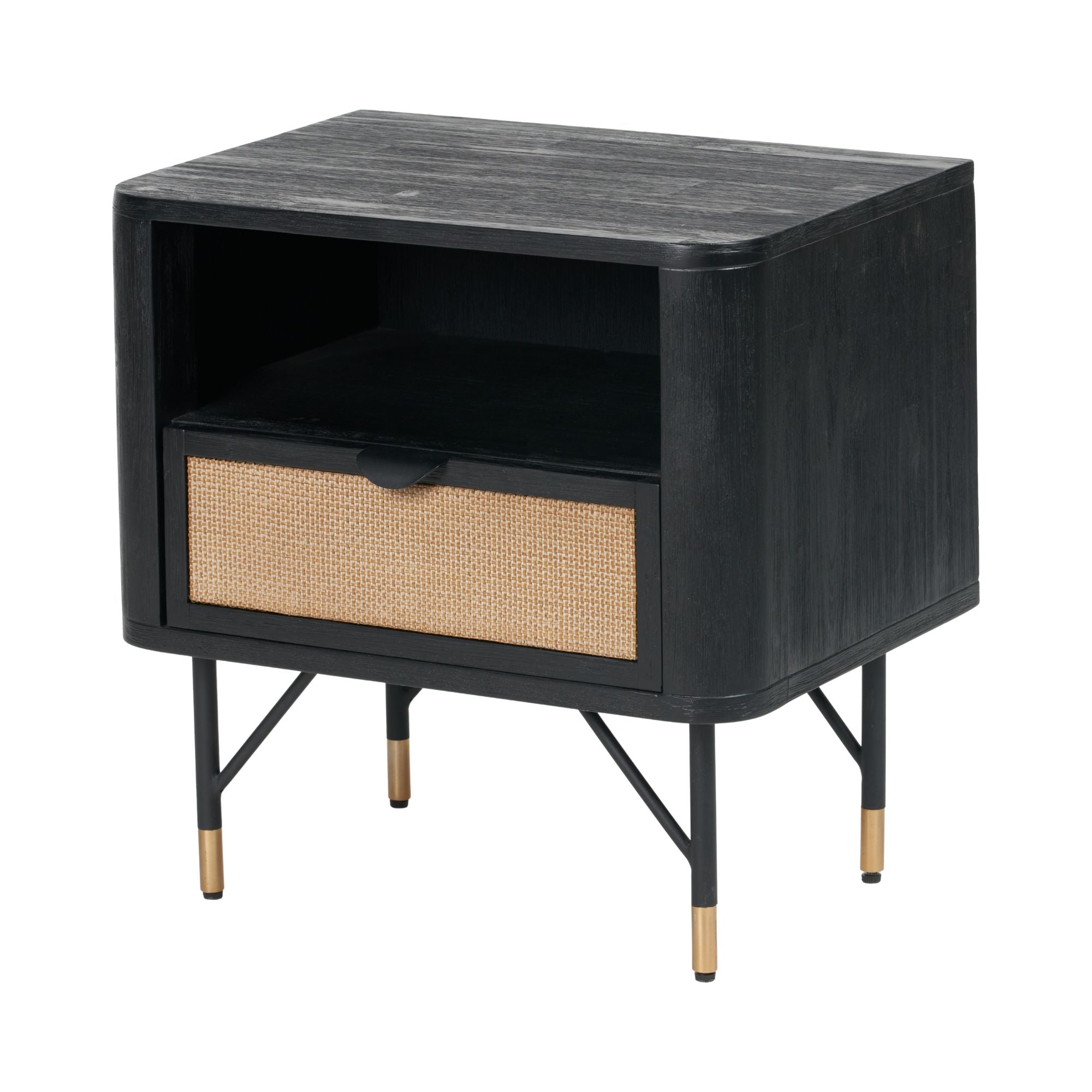 Ersta black acacia wood and natural rattan bedside table with 1 x drawer and open niche | malletandplane.com