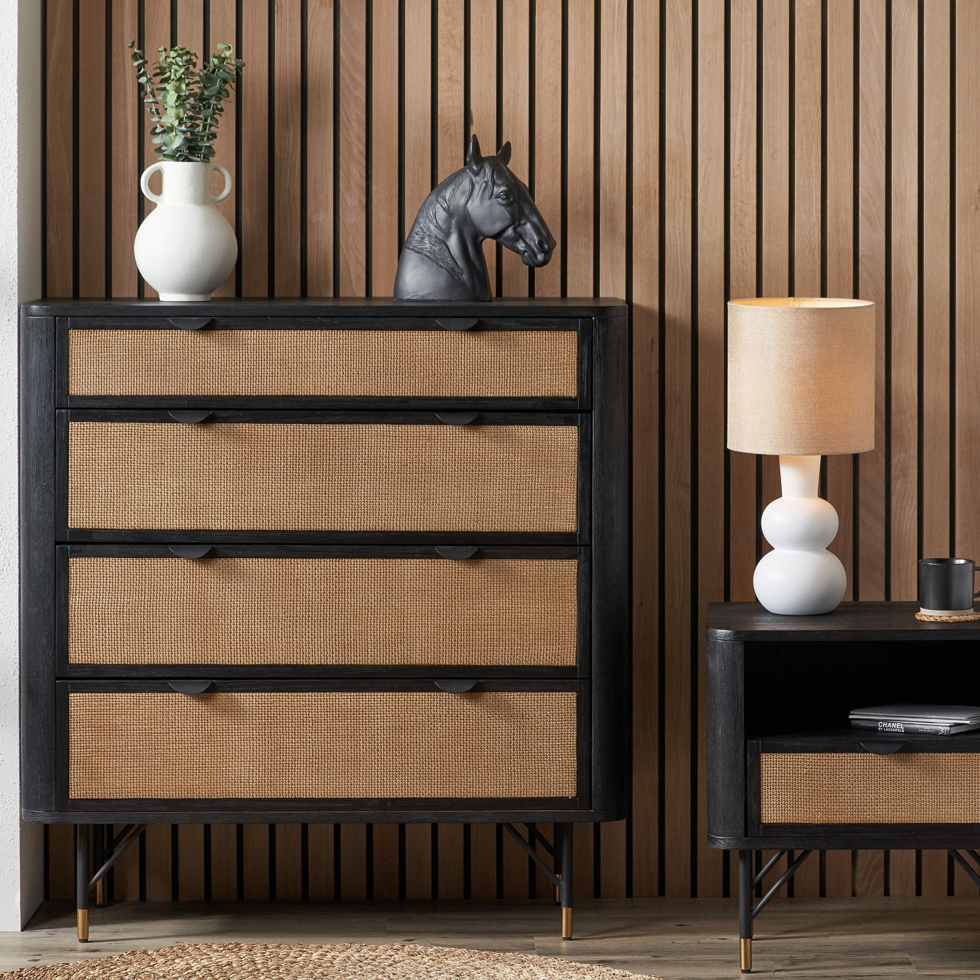 Ersta black acacia and natural woven rattan chest of drawers | malletandplane.com
