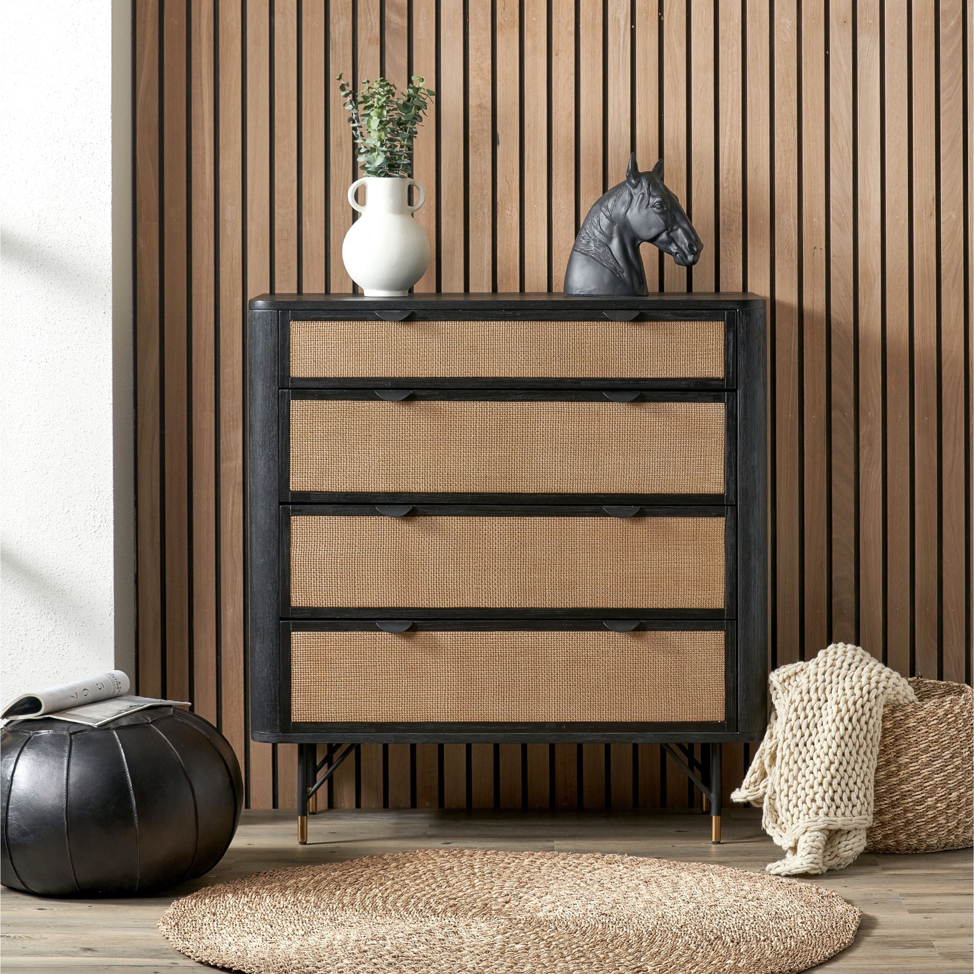 Ersta black acacia and natural woven rattan chest of drawers | malletandplane.com