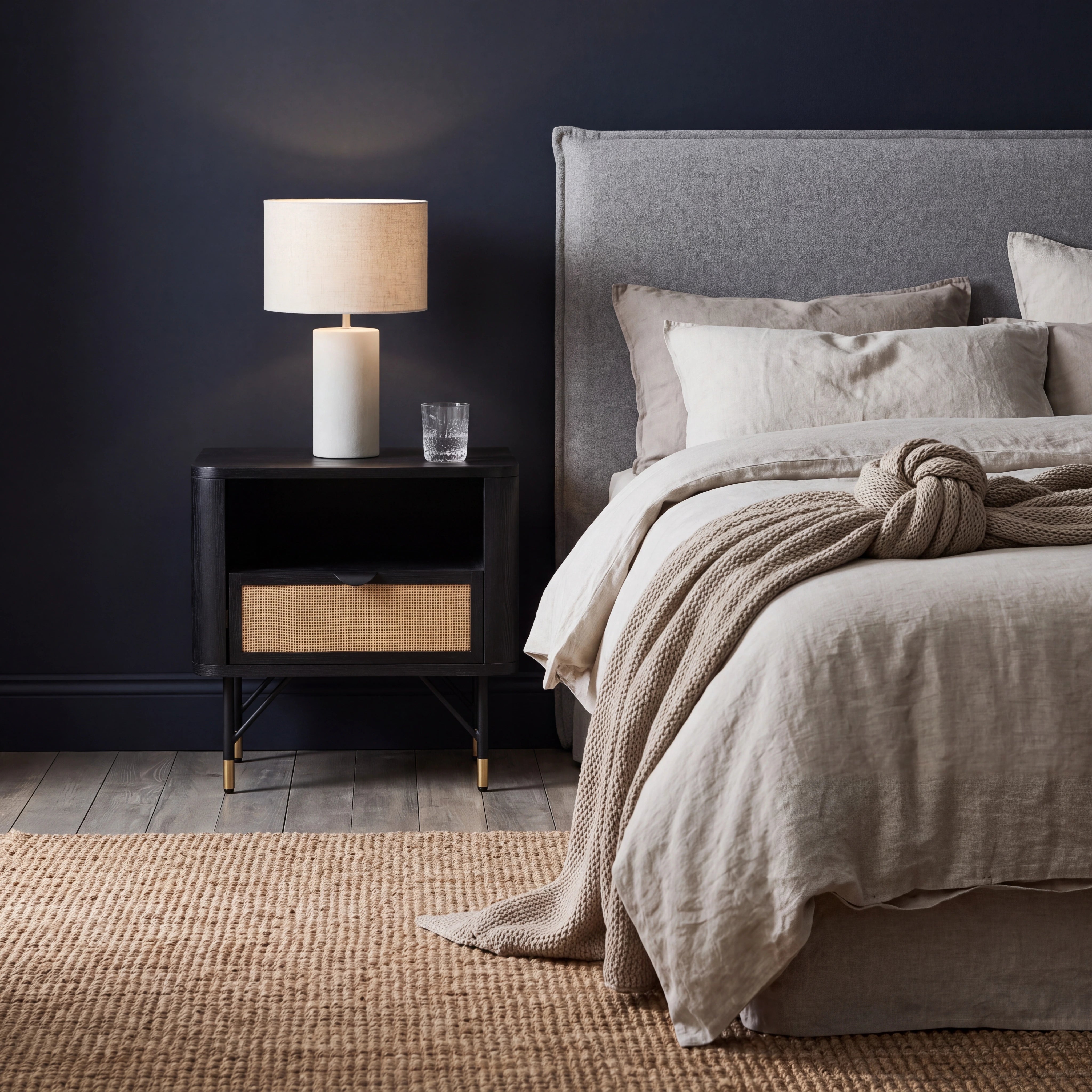 Fiji Black Acacia Wood & Rattan Bedside Table 55cm