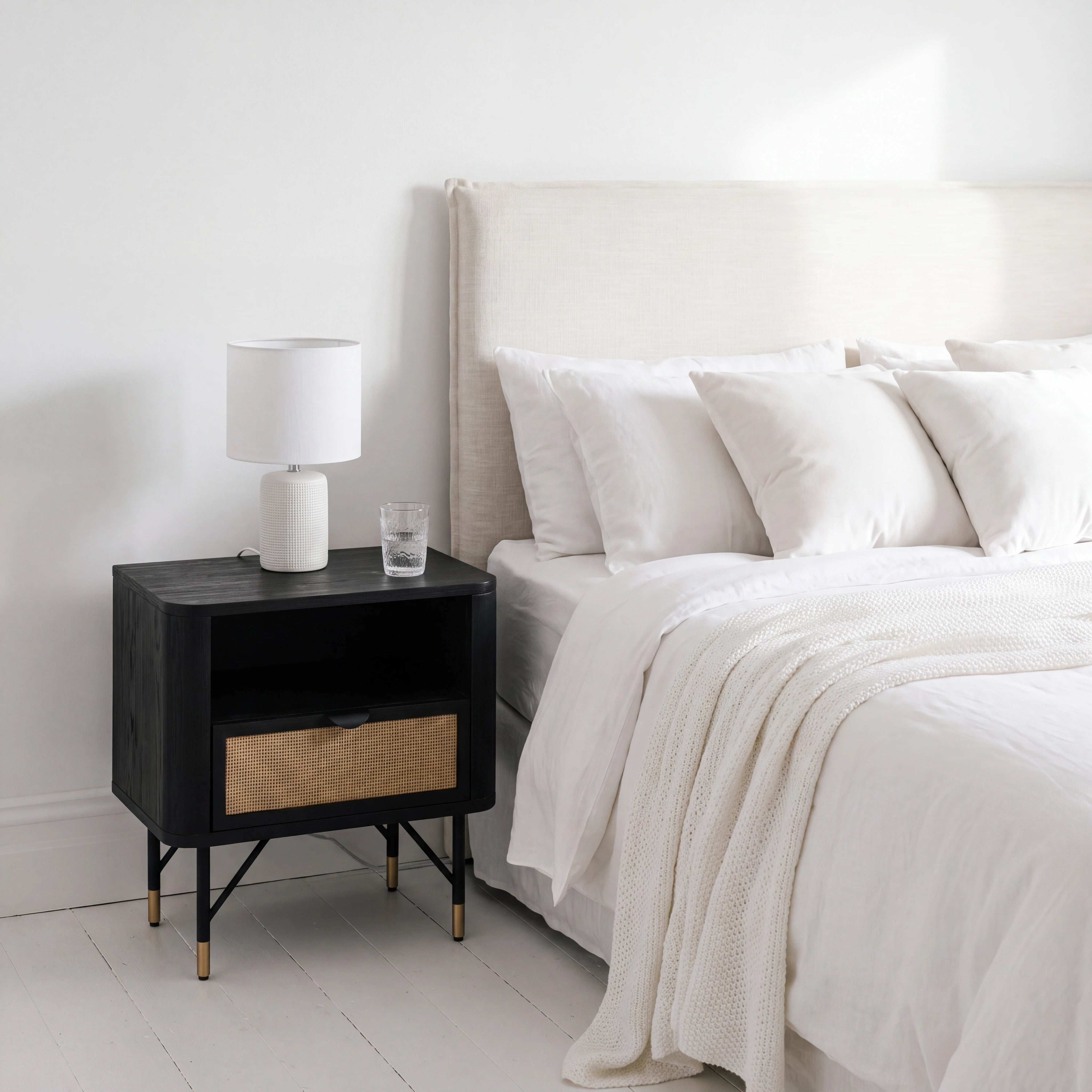 Fiji Black Acacia Wood & Rattan Bedside Table 55cm