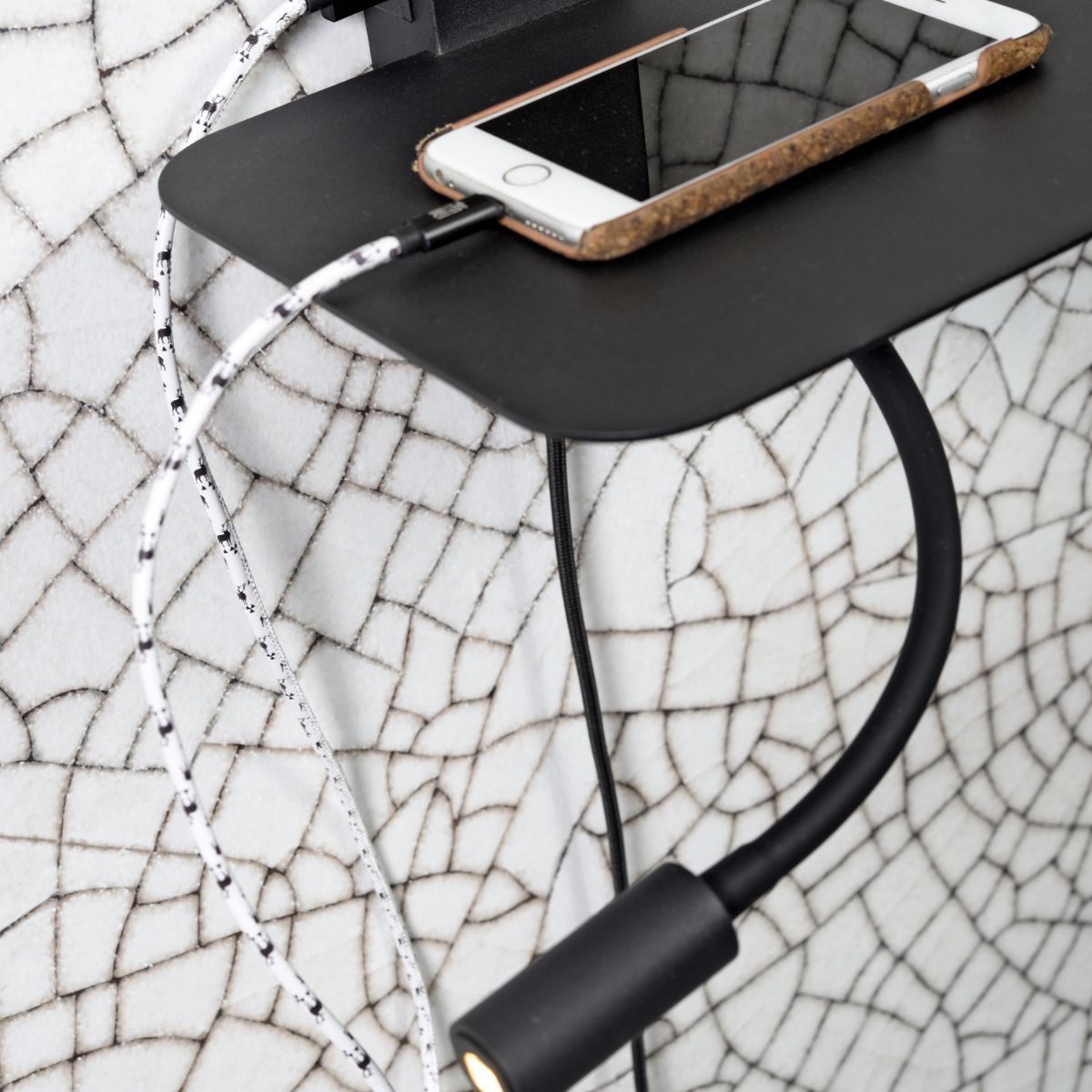 FLORENCE Black Wall Light with Shelf, USB Charging & Reading Light