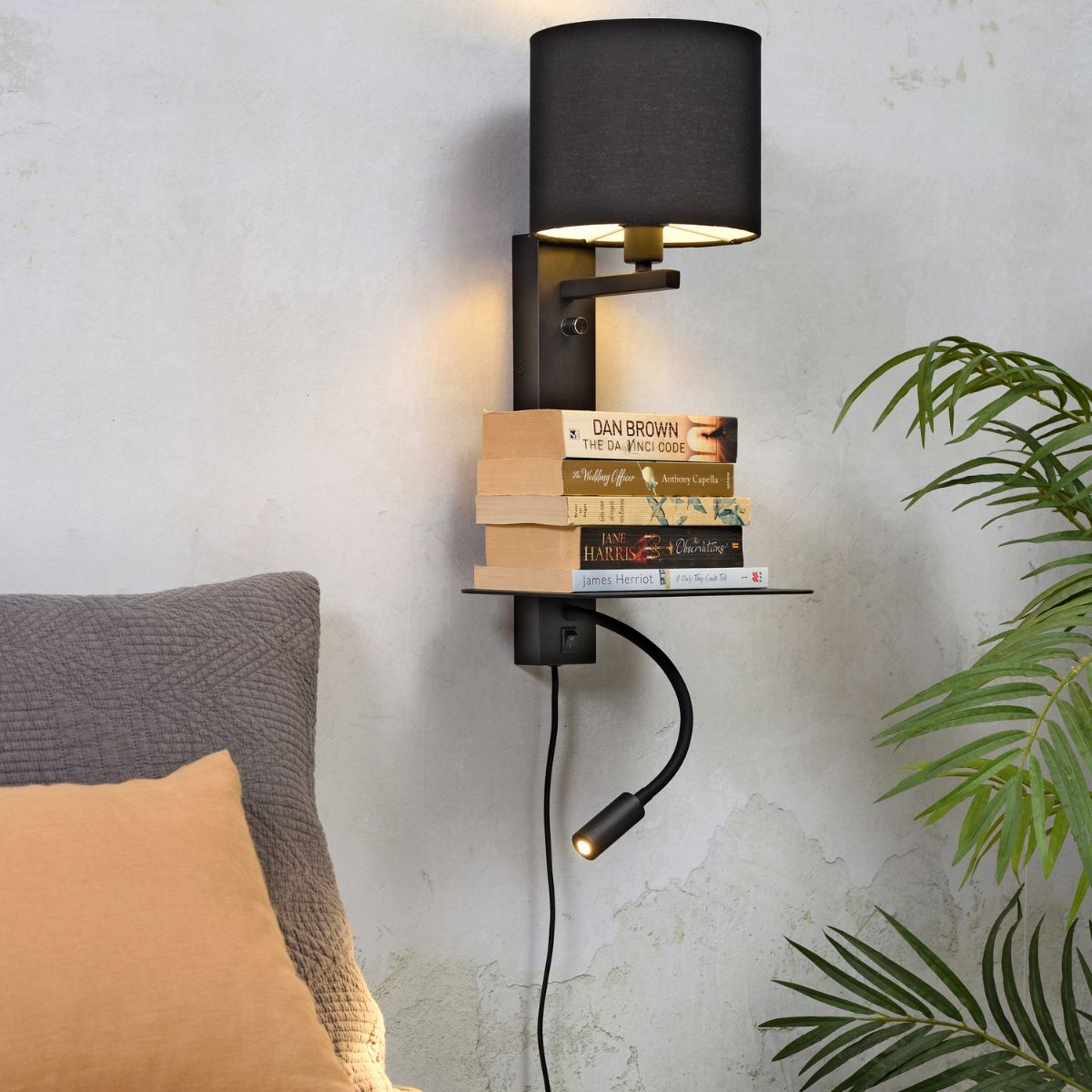 FLORENCE Black Wall Light with Shelf, USB Charging & Reading Light