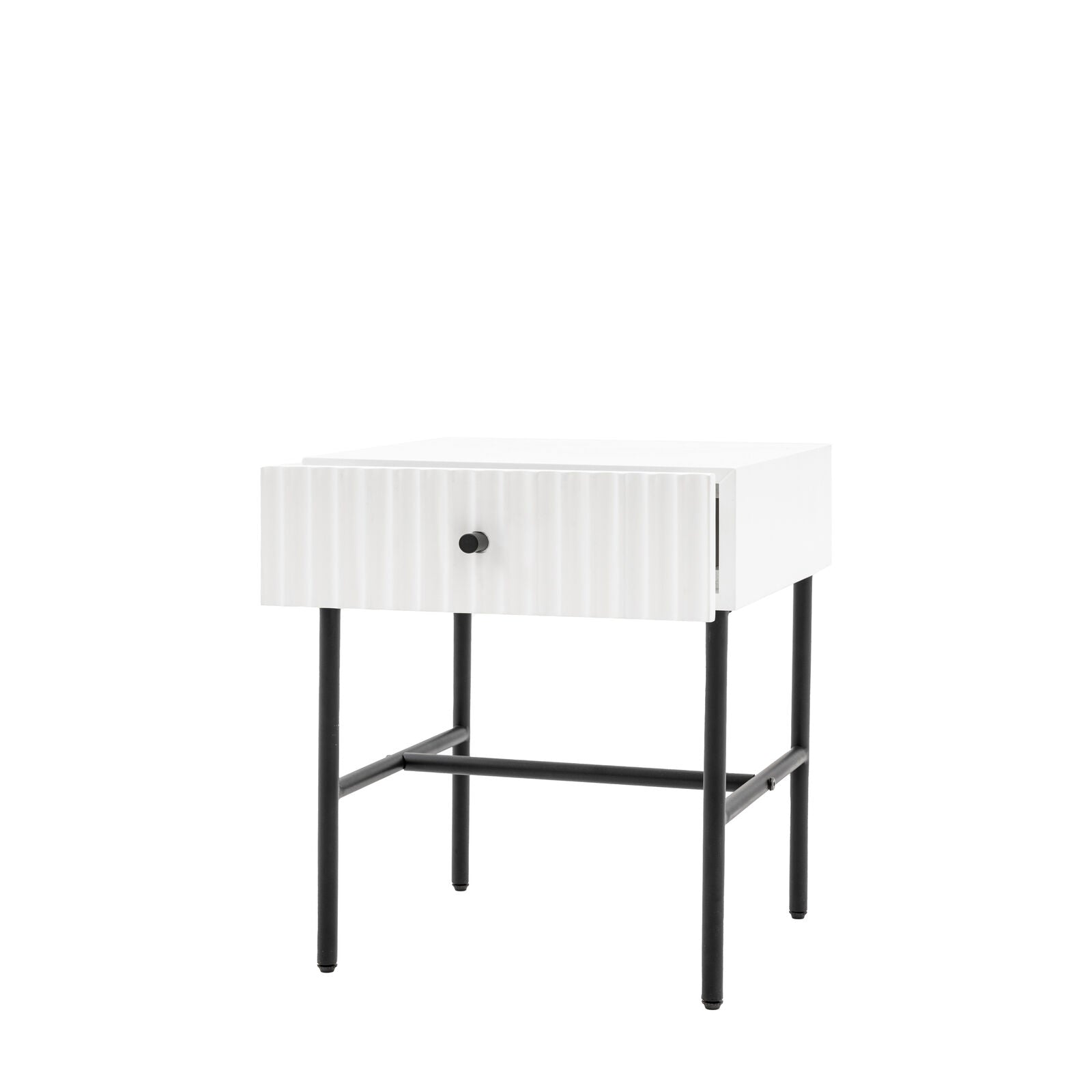 Flute bedside table with drawer in white finish with scalloped fascia and black metal underframe | malletandplane.com