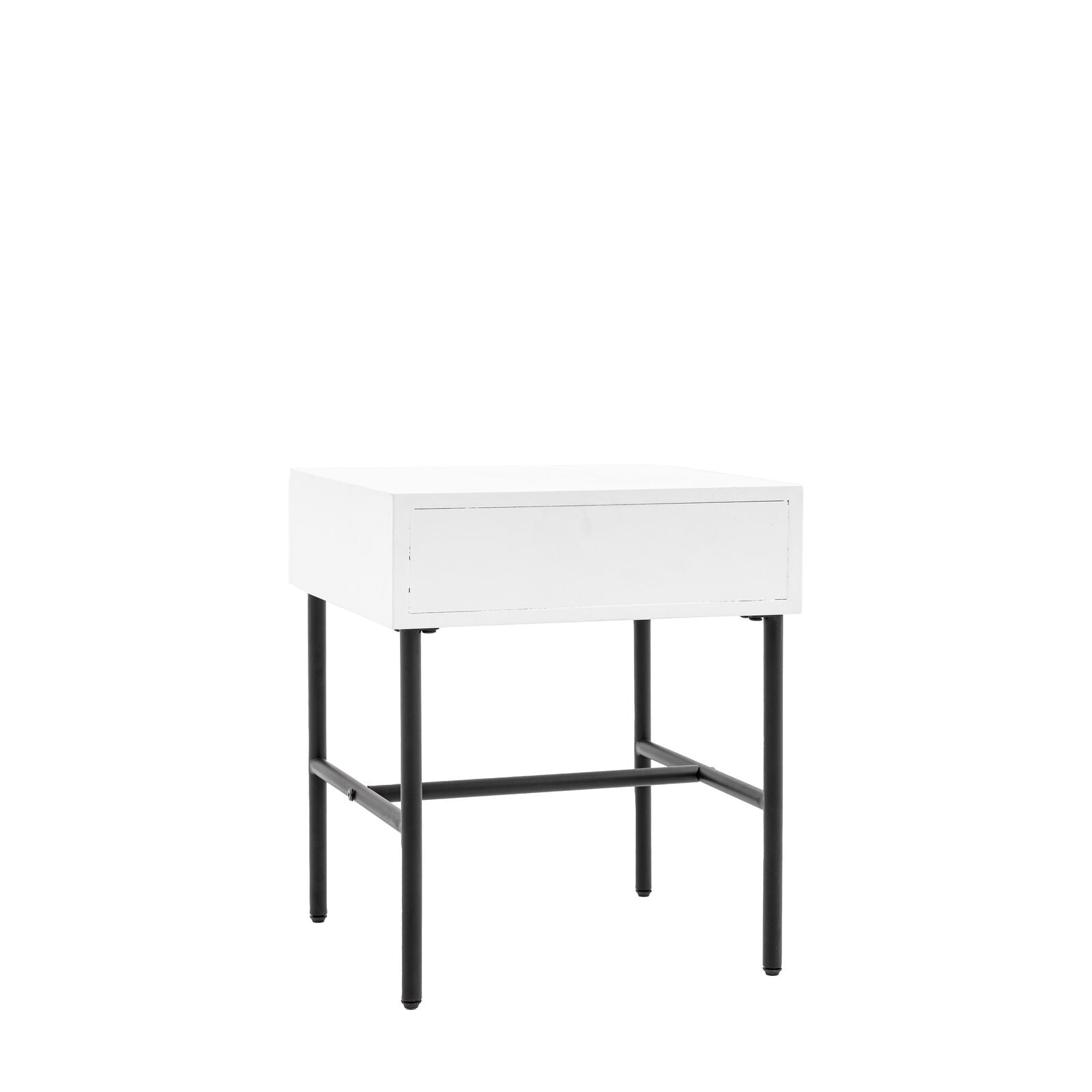 Flute bedside table with drawer in white finish with scalloped fascia and black metal underframe | malletandplane.com